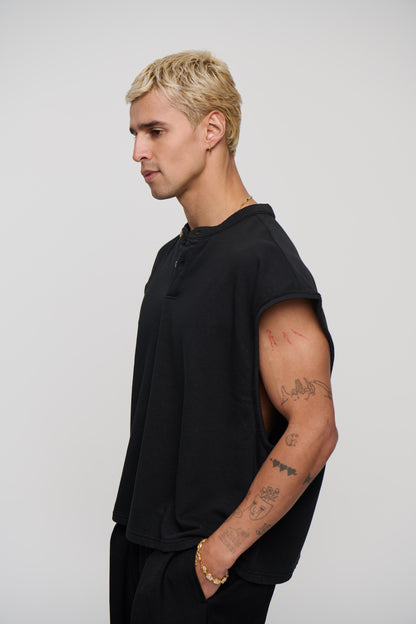 Fleece Crop Henley Tank Black