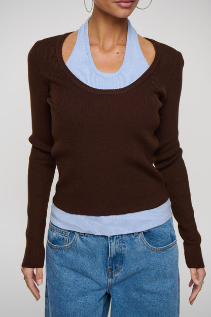 Lorena Layered Ribbed Top Chocolate/Sky