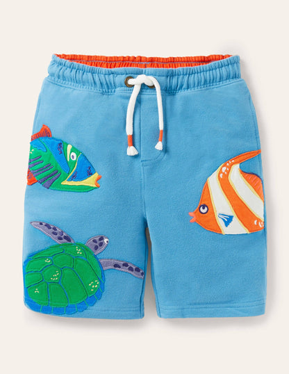 Appliqué Sweatshorts-Aqua Blue Fishes
