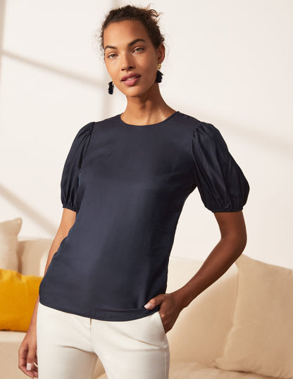 Adriana Puff Sleeve Top-Navy