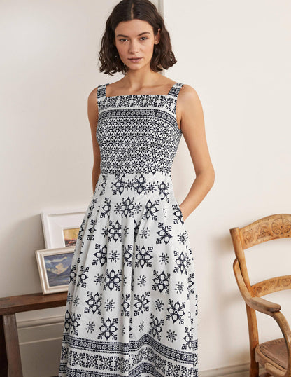 Aubrey Cotton Midi Dress-Ivory, Starflower Tile Border