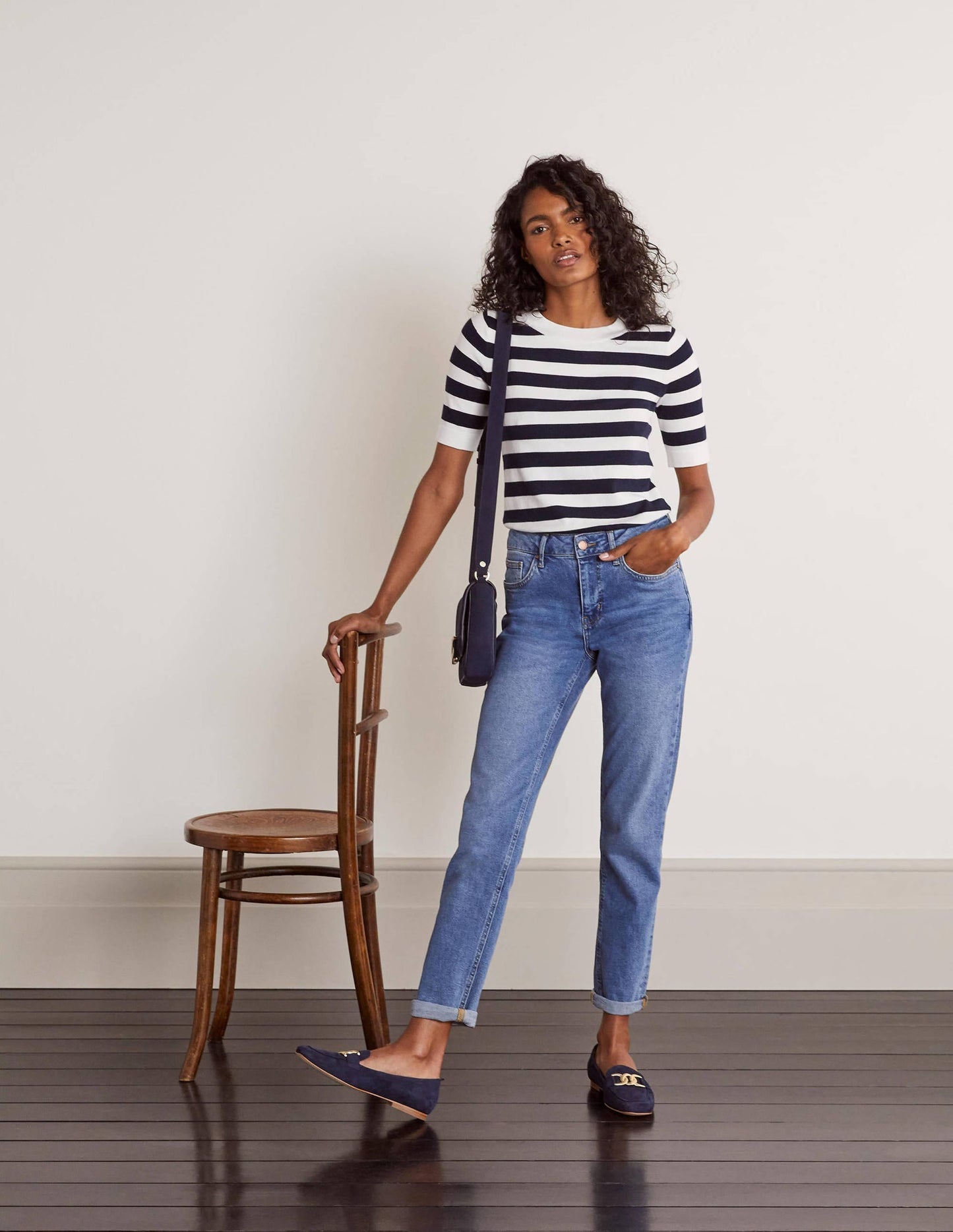 Abingdon Knitted Tee-Navy/Ivory Stripe