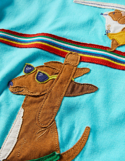 Beach Appliqué T-shirt-Turquoise Blue Surfing Dog