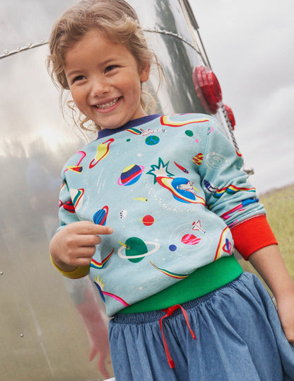 Appliqué Scene Sweatshirt-Mineral Blue Rainbow Space
