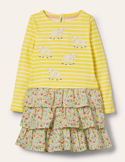 Appliqué Hotchpotch Dress-Sweetcorn Yellow/ Ivory Sheep