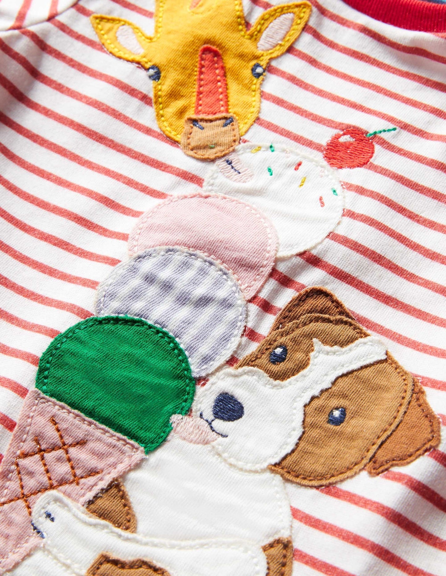 Appliqué Jersey T-shirt-Red/Ivory Animals Ice Cream