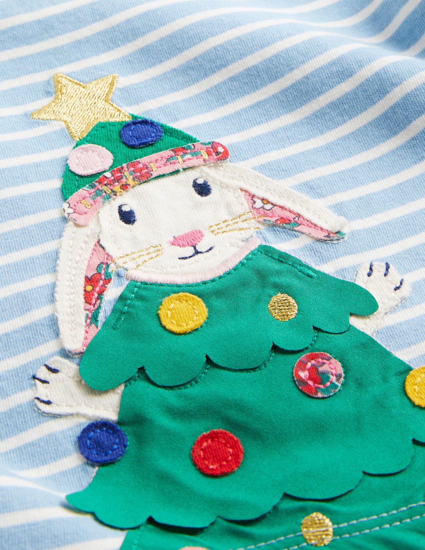 Appliqué Christmas T-shirt-Dusty Blue/Ivory Bunny
