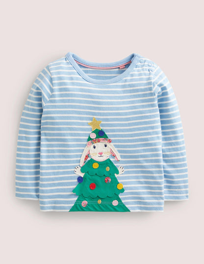 Appliqué Christmas T-shirt-Dusty Blue/Ivory Bunny