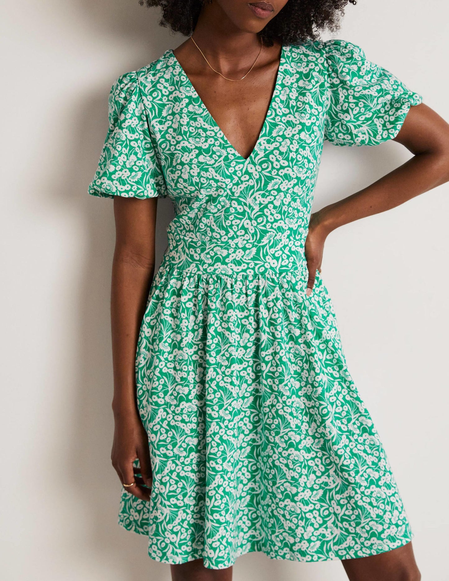 Back Detail Jersey Mini Dress-Emerald, Floret Bud