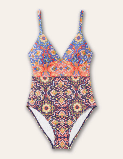 Arezzo V-neck Panel Swimsuit-French Navy, Moroccan Bloom