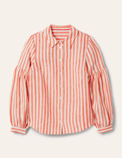 Anna Blouson Linen Shirt-Papaya/Ivory Stripe