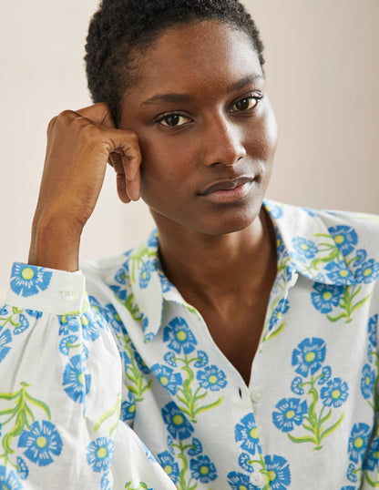 Anna Blouson Linen Shirt-Molly Mahon Flower Woodblock