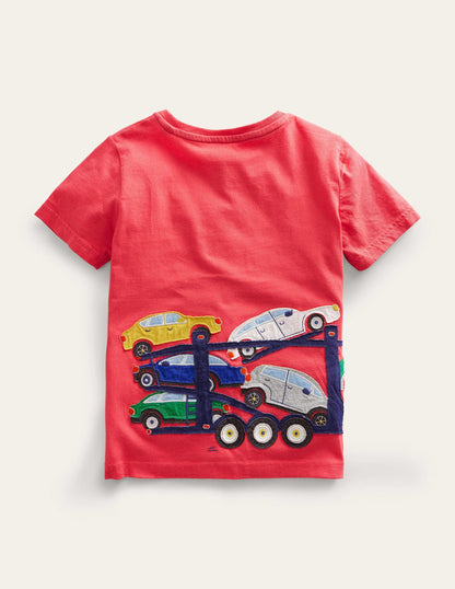Appliqué Front & Back T-shirt-Jam Red Transporter