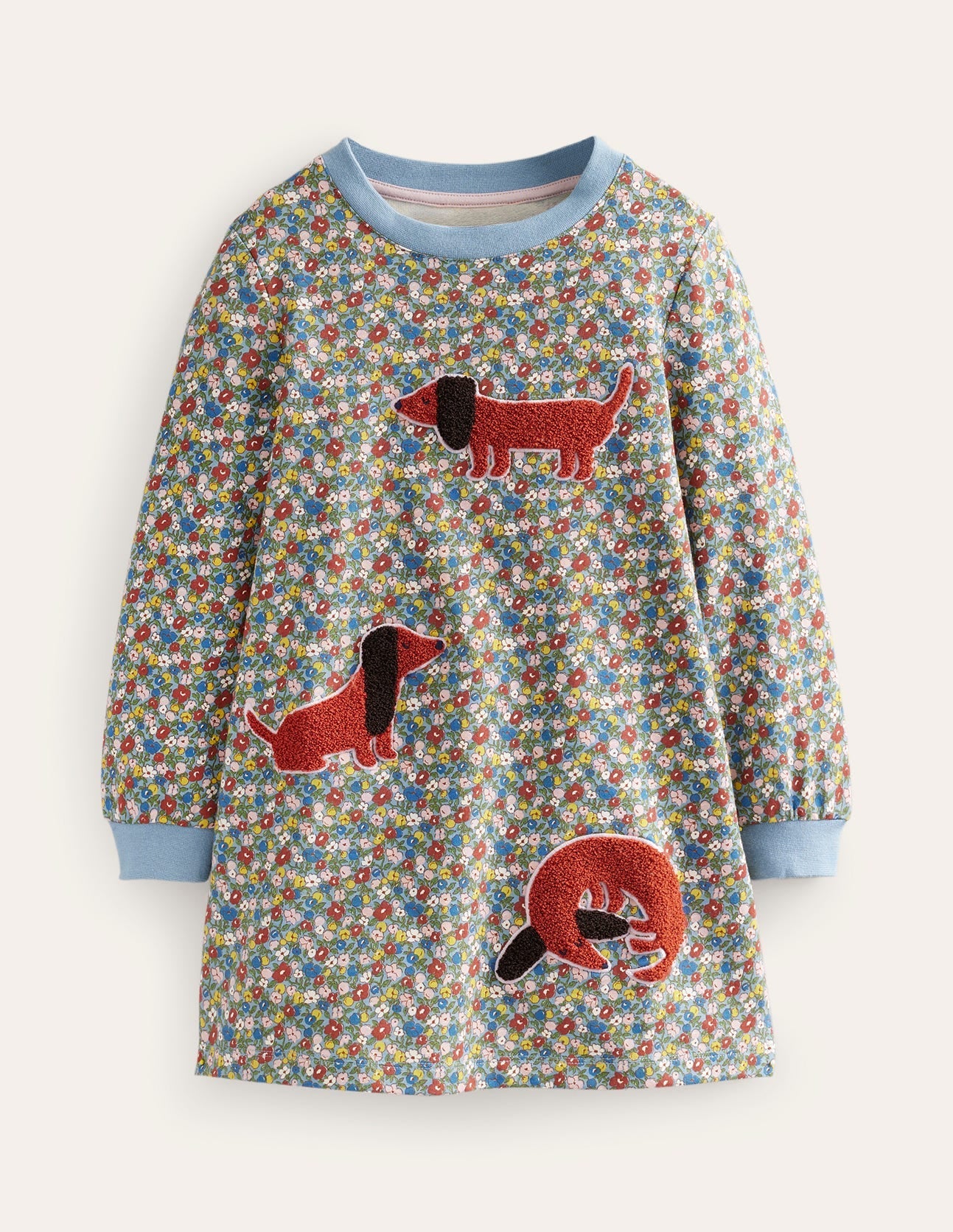 Appliqué Sweatshirt Dress-Pebble Blue Flower Dog