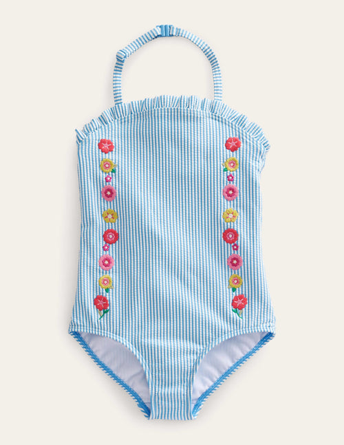 Bandeau Swimsuit-Ivory Surfboard Blue Stripe