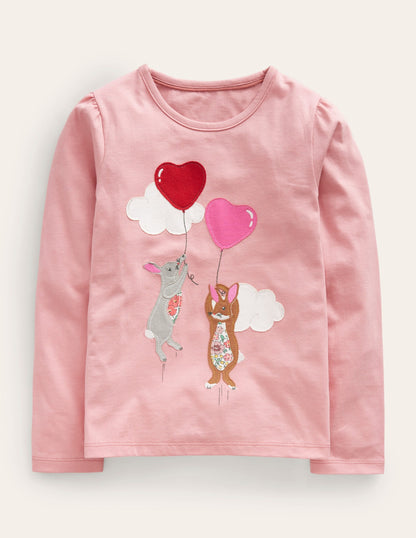 Appliqué Puff-Sleeve Top-Blush Pink Bunny
