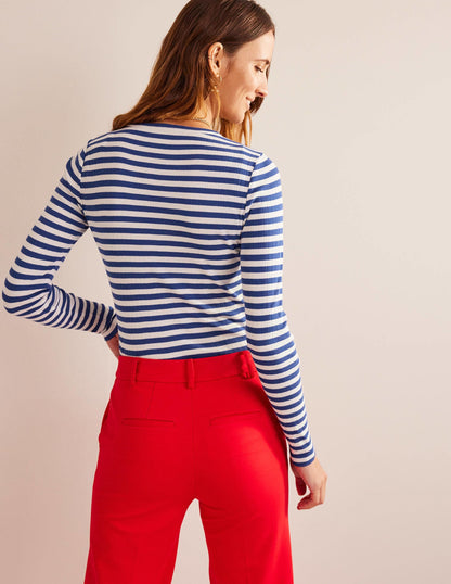 Anna Rib Crew T-Shirt-Lapis Blue, Ivory Stripe