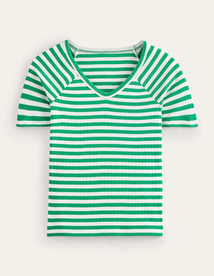 Anna Rib V-Neck T-Shirt-Meadow Green, Ivory Stripe
