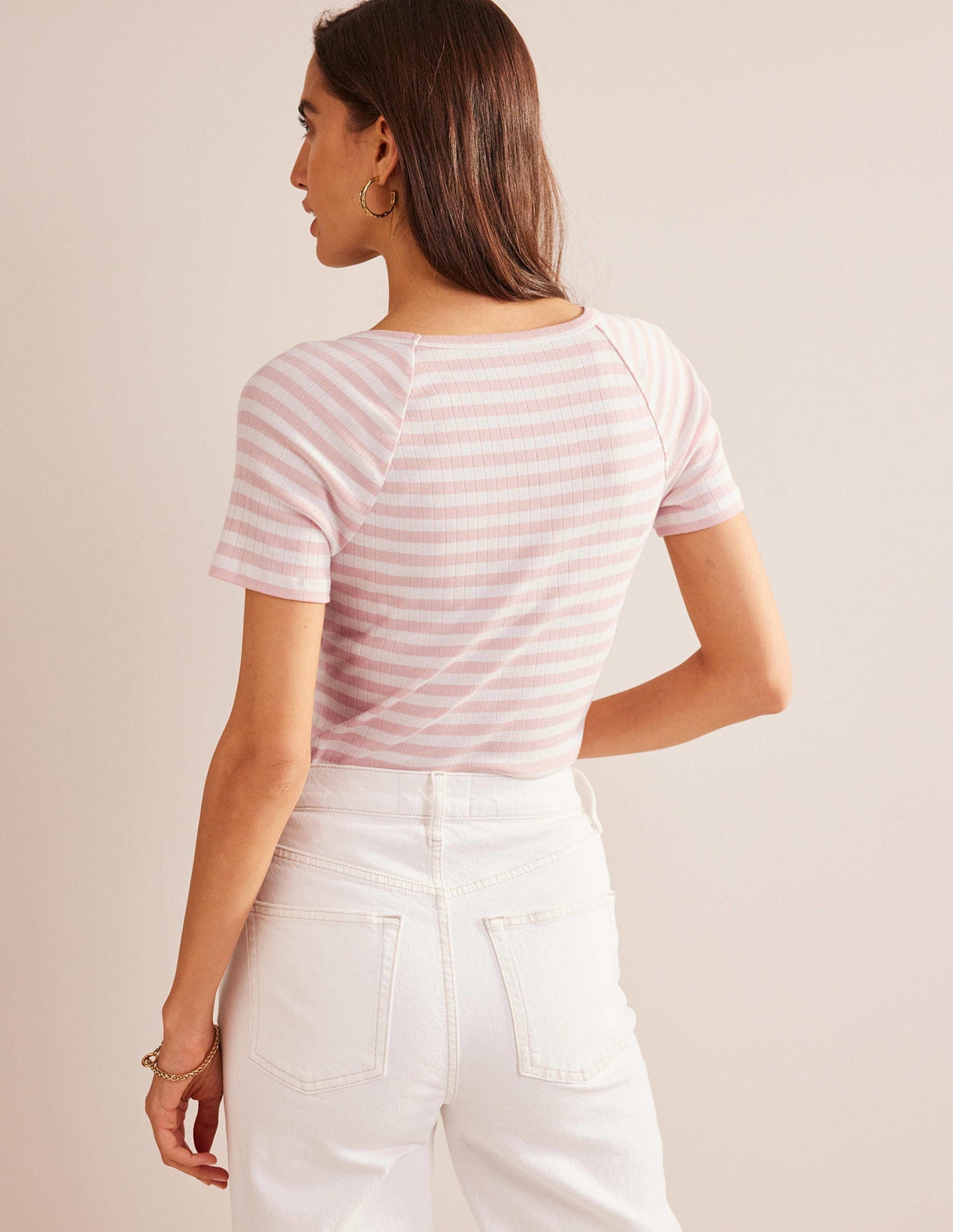 Anna Rib V-Neck T-Shirt-Ivory, Peach Skin Stripe