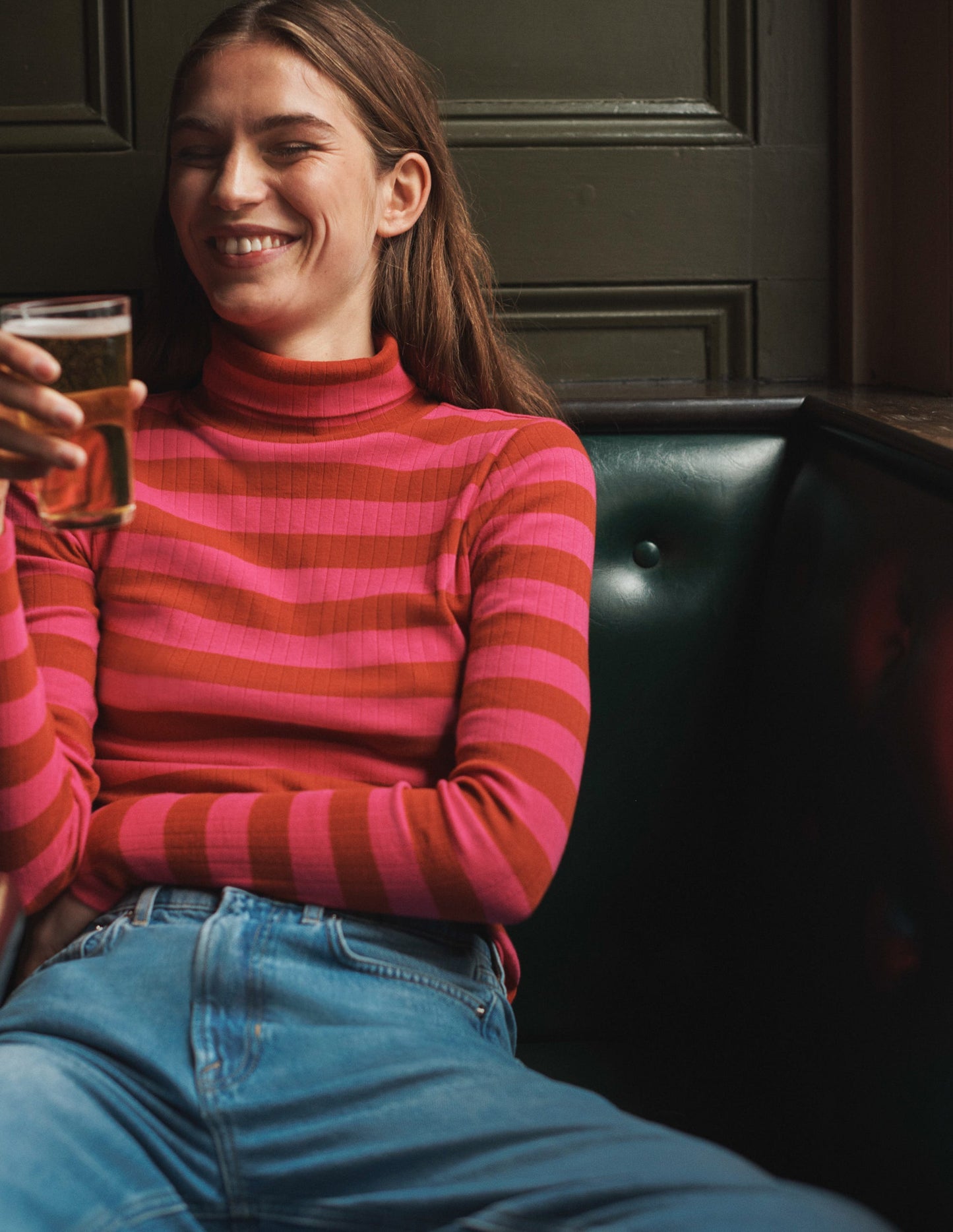 Anna Rib Roll Neck Top-Bright Rust, Vibrant Pink