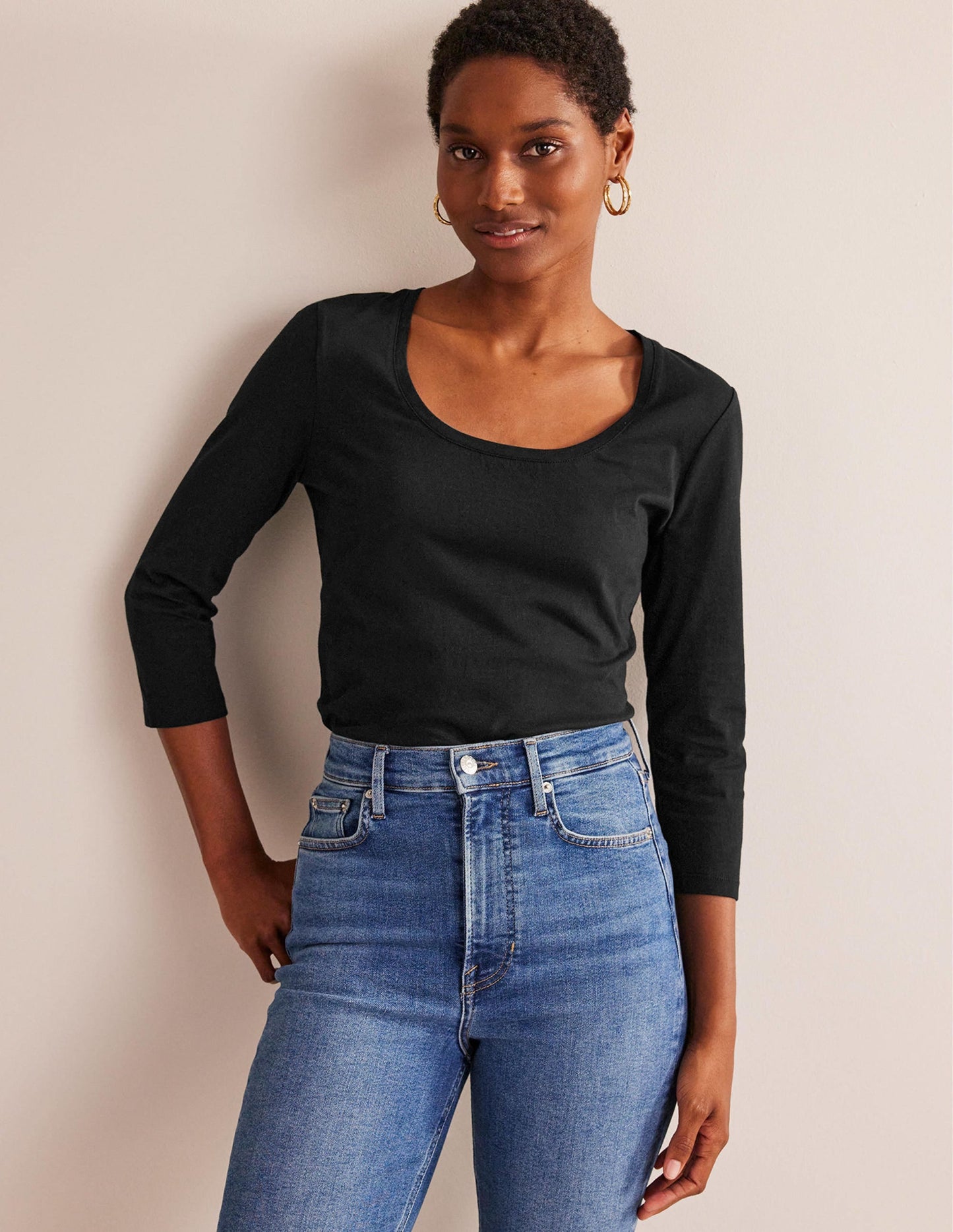 3/4 Sleeve Scoop Neck Top-Black