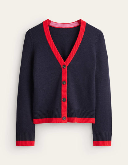 Alma Contrast Trim Cardigan-Navy, Post Box Red