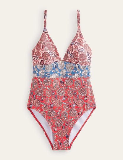 Arezzo V-neck Panel Swimsuit-High Risk Red, Paisley Terrace