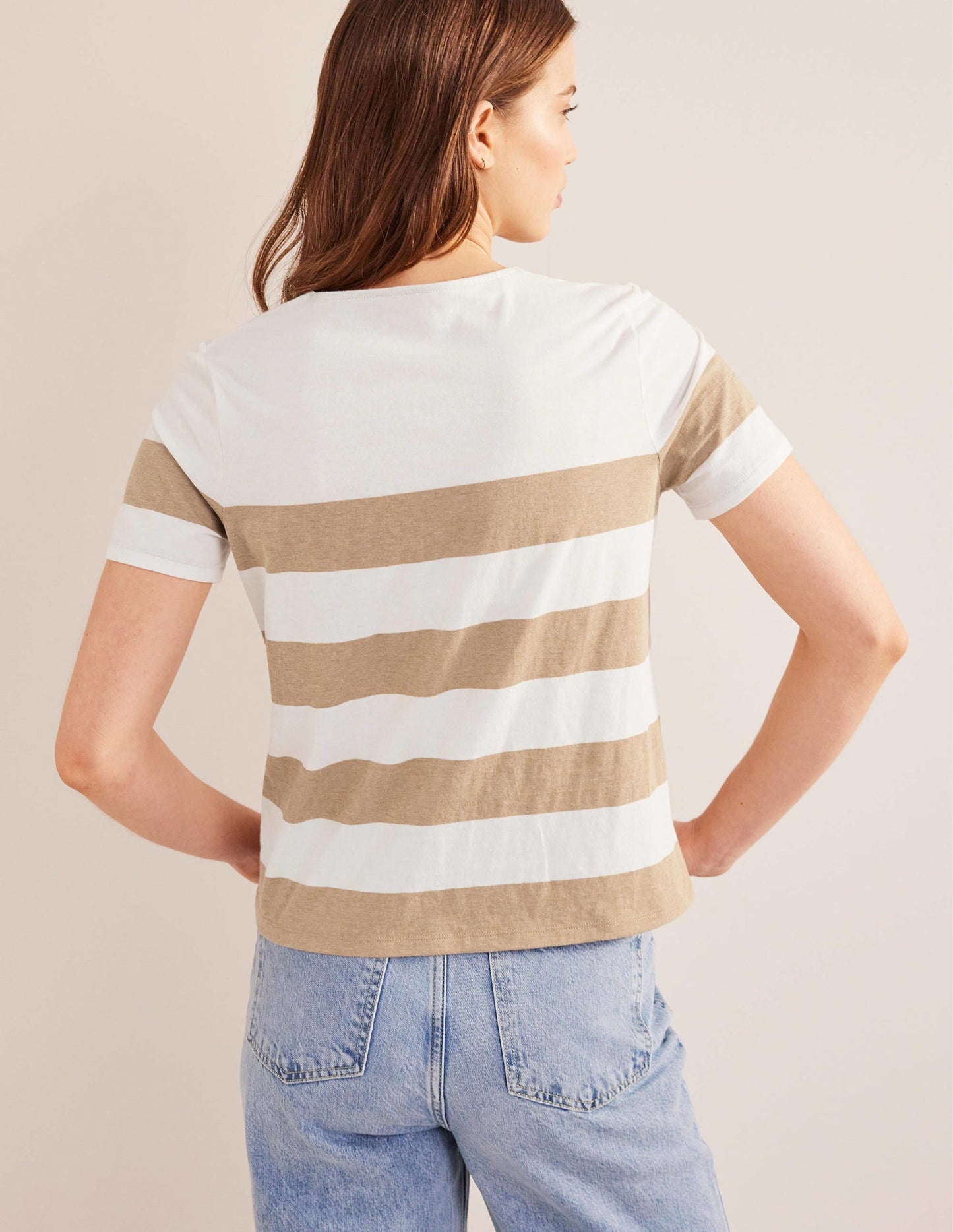 Bea Short Sleeve Breton-Ivory, Camel Wide Stripe