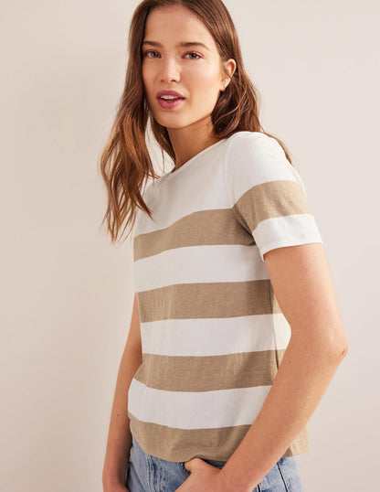 Bea Short Sleeve Breton-Ivory, Camel Wide Stripe