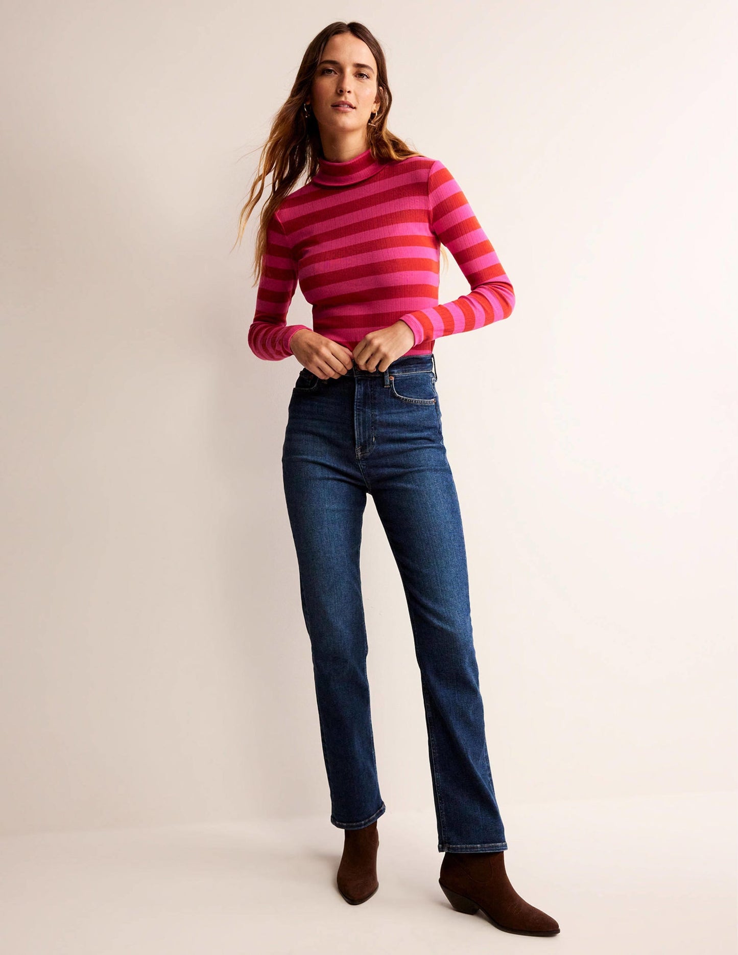 Anna Rib Roll Neck Top-Bright Rust, Vibrant Pink