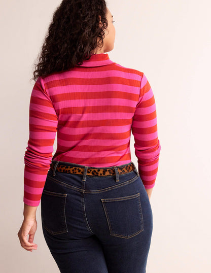 Anna Rib Roll Neck Top-Bright Rust, Vibrant Pink