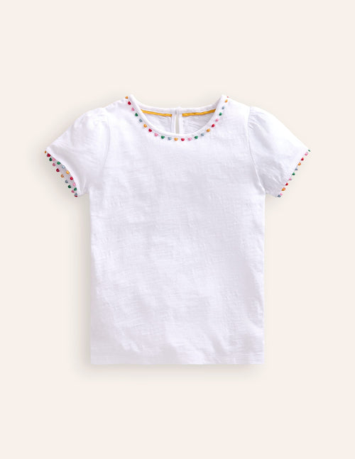 Ali Puff Sleeve Pom T-Shirt-White