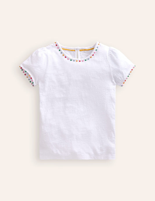Ali Puff Sleeve Pom T-Shirt-White