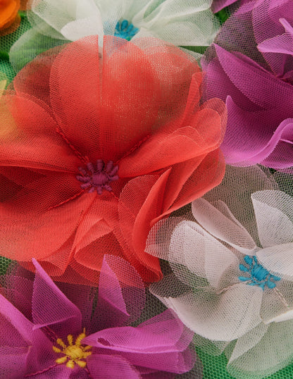 Appliqué Tulle Dress-Pea Green Flowers