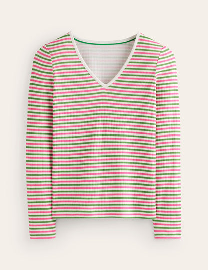 Anna Rib V-Neck T-Shirt-Green, Pink Stripe