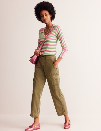 Anna Rib V-Neck T-Shirt-Green, Pink Stripe
