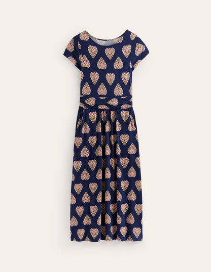 Amelie Jersey Midi Dress-French Navy, Flora Stamp