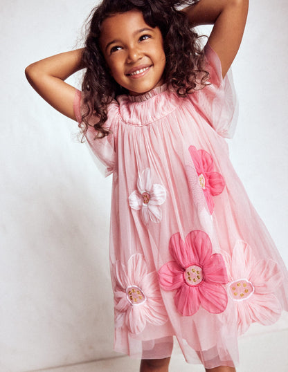Appliqué  Tulle Dress-Chalk Pink Flower