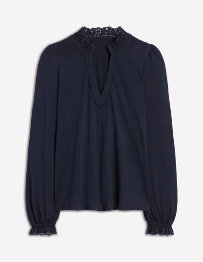 Aria Broderie Notch Neck Top-Navy