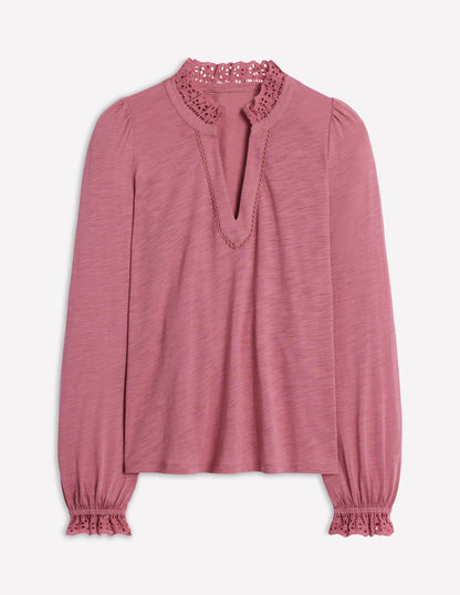 Aria Broderie Notch Neck Top-Pink Heather