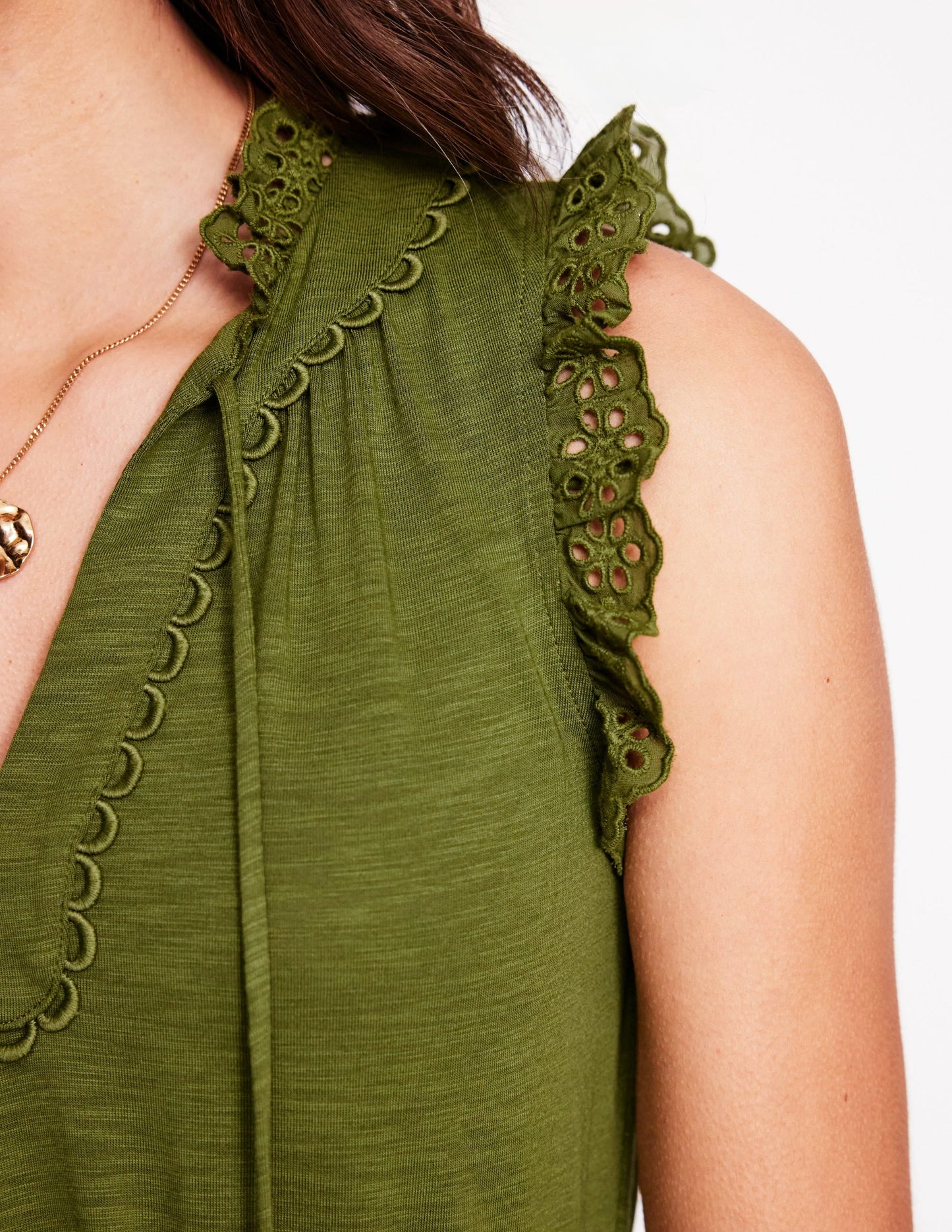 Aria Broderie Trim Midi Dress-Deep Olive