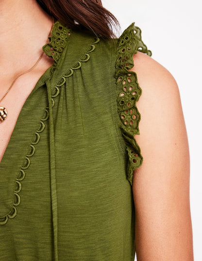 Aria Broderie Trim Midi Dress-Deep Olive