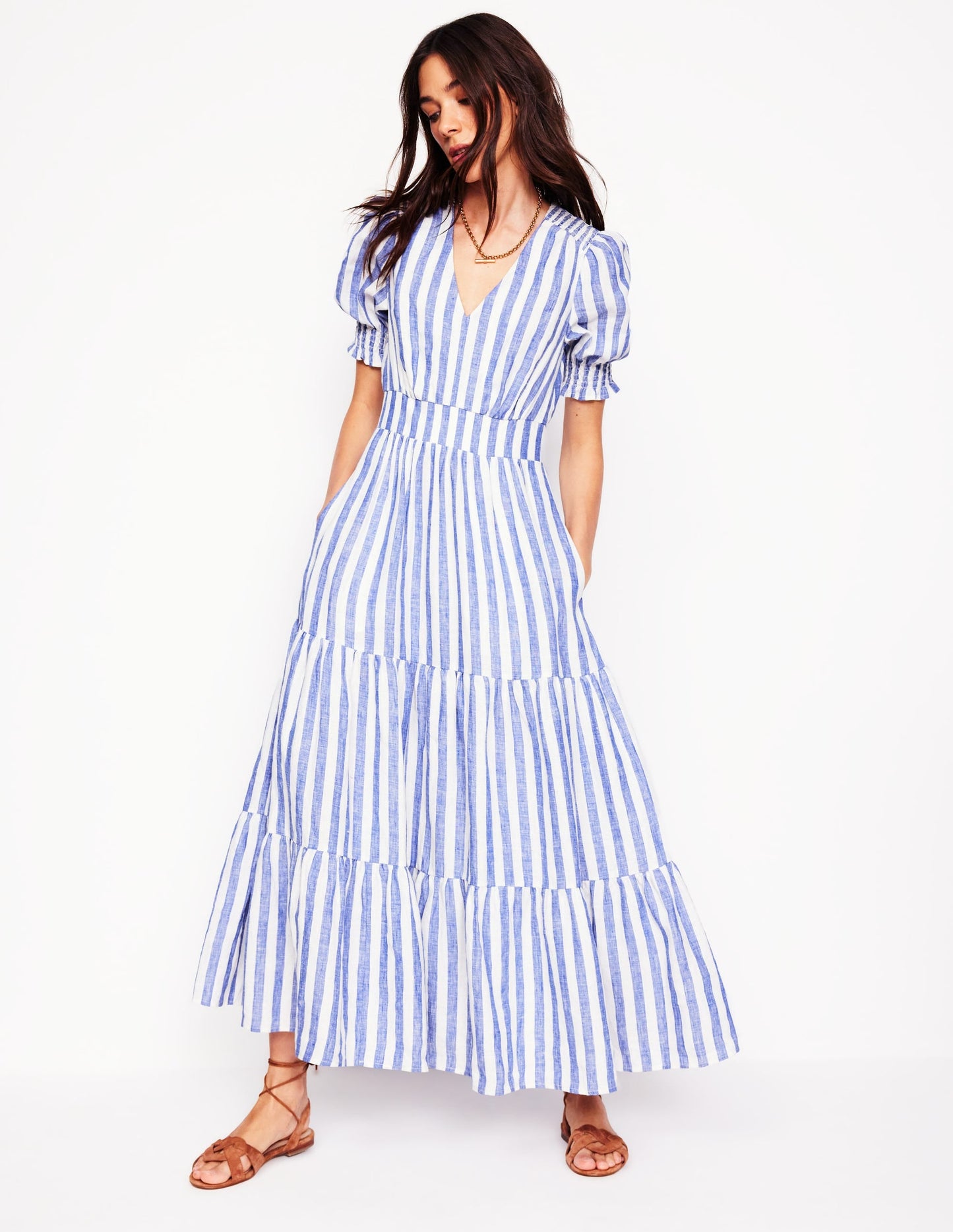 Anna Linen Tiered Midi Dress-Bright Blue Stripe