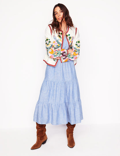 Anna Linen Tiered Midi Dress-Summer Blue Chambray