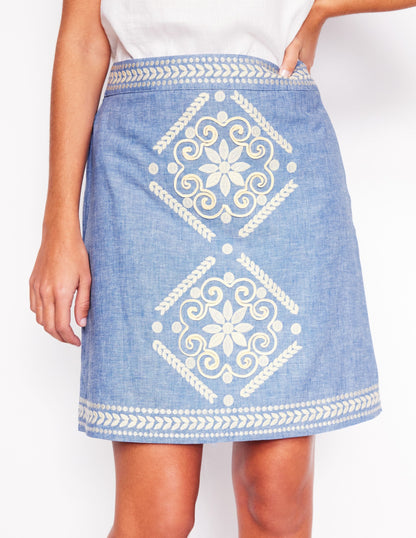 Aline Embroidered Linen Skirt-Grey Blue Chambray