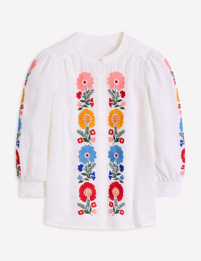 Alicia Linen Top-White, Floral Embroidery