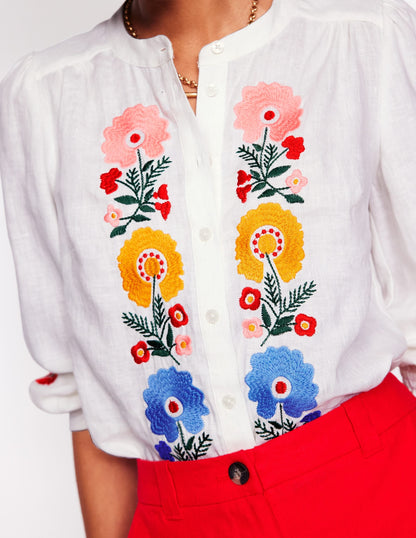 Alicia Linen Top-White, Floral Embroidery