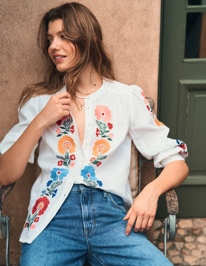 Alicia Linen Top-White, Floral Embroidery