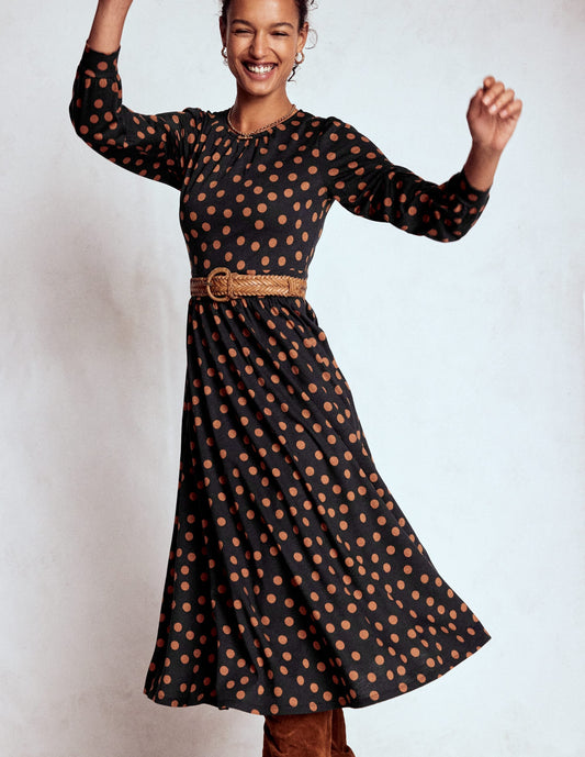 Alexandra Jersey Midi Dress-Black, Tortoise Shell Dot