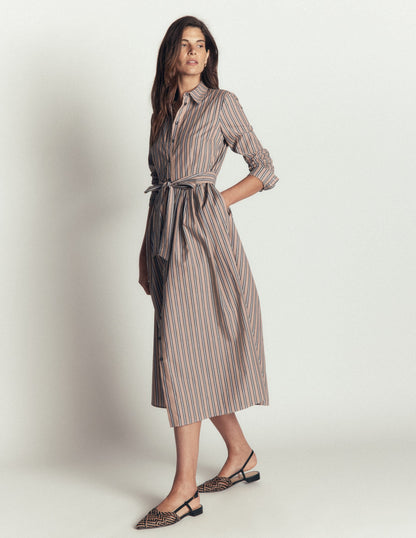 Alexa Cotton Midi Shirt Dress-Camel, Navy Tram Stripe